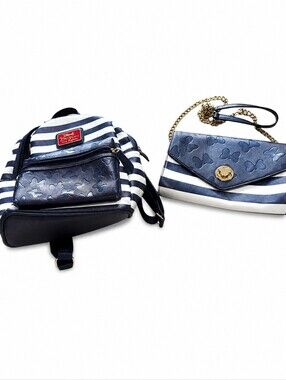 Disney Boutique Navy White Striped Crossbody Clutch Purse Mickey Embossed Gold